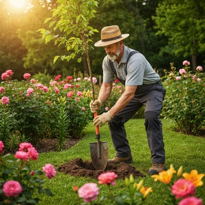 Professional arborist planting a new tree in a garden