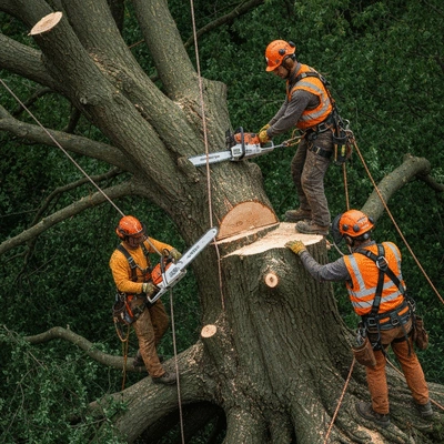 Tree removal process in action, showcasing safety equipment and professionals at work