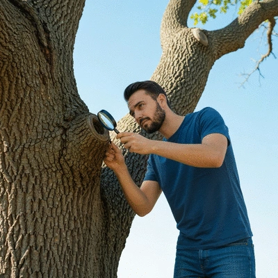 User examining a tree for signs of decay