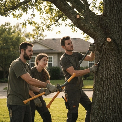 Team of arborists performing tree maintenance in a residential area