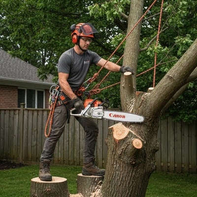 Professional arborist performing tree removal