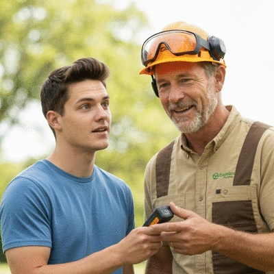 User assessing tree health with a professional arborist