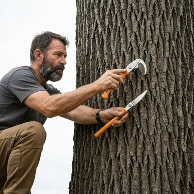 Professional arborist assessing tree health