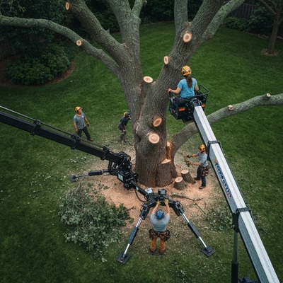 Tree removal in progress with professionals working on a large tree