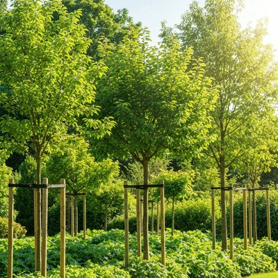 Healthy replanted trees in a garden