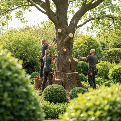 Tree removal service with professionals working in a garden