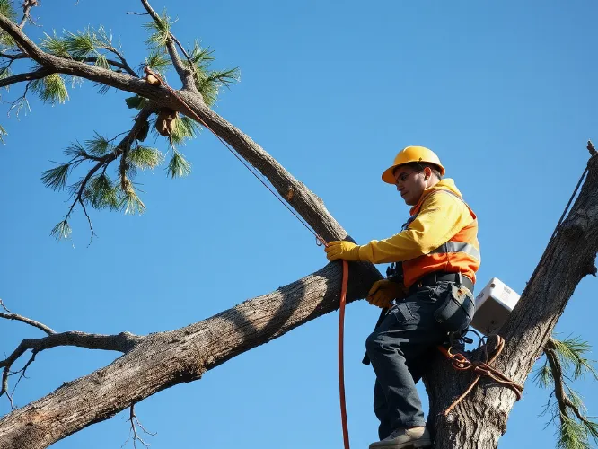 Professional arborist safely removing a large tree branch with specialized equipment